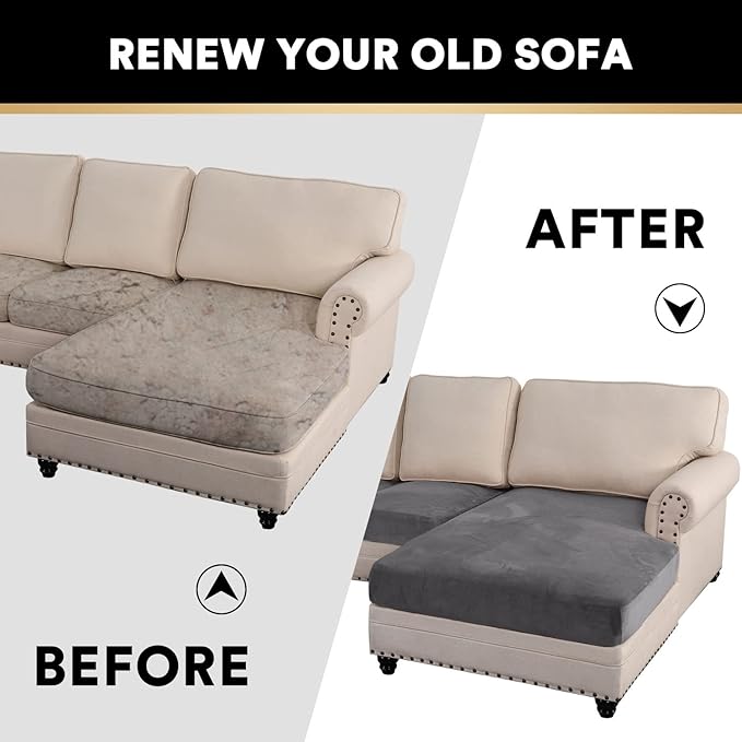PrinceDeco Sectional Couch Covers 4 Pieces Velvet Separate Couch Cushion Covers L Shape for Left/Right Chaise Sectional Couch with Elastic Bottom (3 Seater + 1 Chaise,Grey)