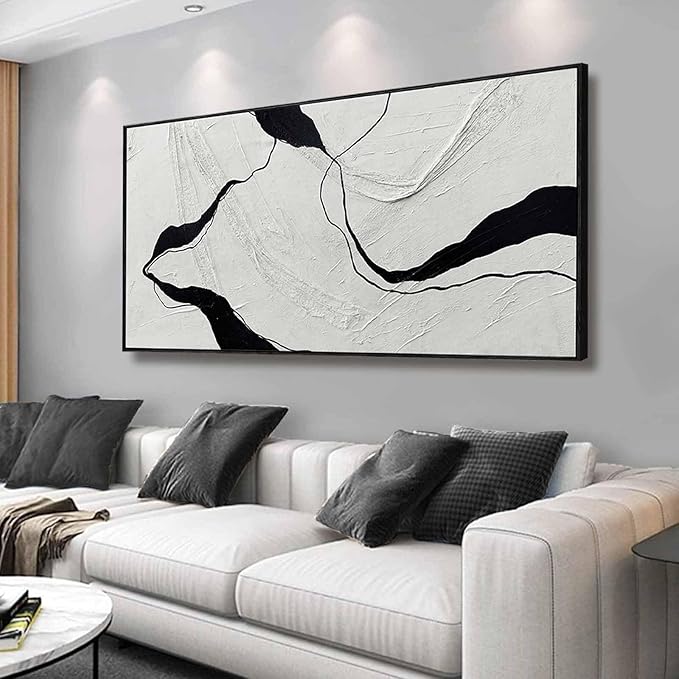 Framed Minimalist Wall Art 24"x48" Black and White Abstract Print Poster Line Canvas Modern Artwork for Living Room Bedroom Office Decor