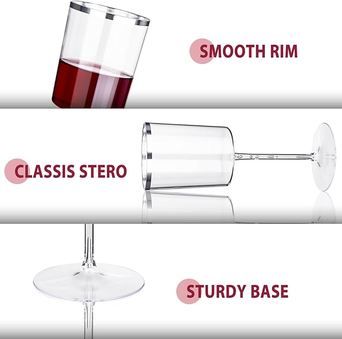 Ciaell 12 Pack Plastic Wine Glasses - 14 Oz Plastic Wine Glasses with Stem - Square Silver Disposable Stemmed Glass for Parties & Weddings & Outdoors