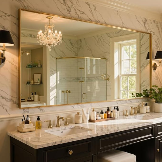 55"x36" Gold Framed Bathroom Mirror, Large Rectangular Vanity Mirror, Aluminum Metal Frame, Wall Farmhouse Modern Wall-Mounted Mirrors for Bathroom, Bedroom, Living Room, Over Sink