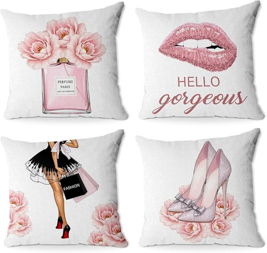 4Pcs Pink Pillow Covers, Fashion Woman Watercolor Perfume High Heels Lipstick Throw Pillow Square Cushion Covers 18x18 inch Living Room Home Girls Room Decor for Car Bed Couch