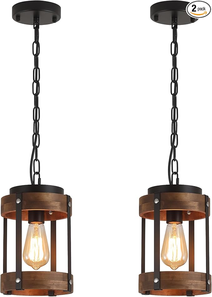 2 Pack Rustic Farmhouse Wood Pendant Light Fixture One-Light Adjustable Chain Oak Wood and Metal Drum Cage Small Pendant Lighting for Kitchen Island Sink Hallway Farmhouse Bathroom Bar, Black