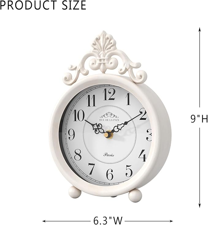 Vintage White Table Clock, Desk and Shelf Mantel Clock, French Rustic Antique Style Decor Clocks, for Farmhouse, Bedroom, Living Room, Bedside, Gift (9" H x 6.3" W)