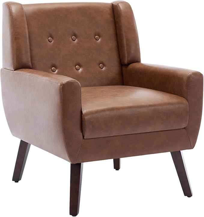 UIXE Faux Leather Accent Chair, Morden Upholstered Armchair for Living Room, Button Tufted Arm Chair Comfy Single Sofa Bedroom Side Reading Seat - Coffee