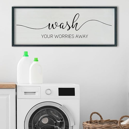 SRSZHIYUE Wash Your Worries Away Bathroom Sign Wall Art 40"x15" Funny Restroom Toilet Large Wood Framed Hanging Decor (Black)
