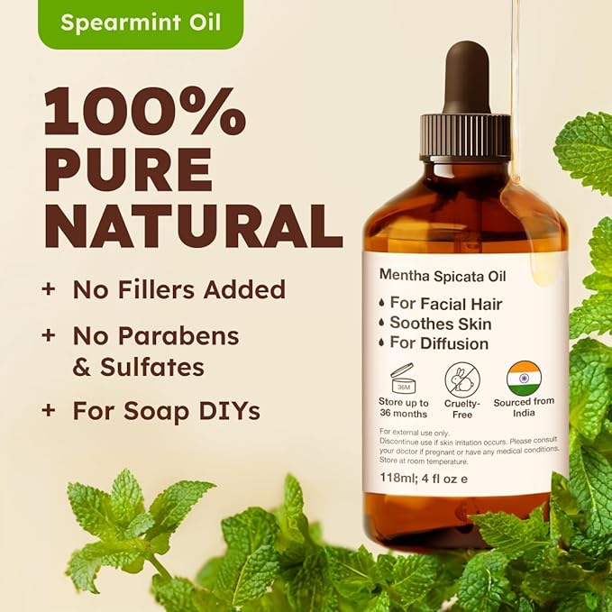 Kukka Spearmint Oil for Facial Hair - 4 Fl Oz - 100% Pure Natural Aromatherapy Spearmint Essential Oil for Skin & Hair Care, Diffuser, Bath Bombs, Soaps and Candles - Soap Making & DIY