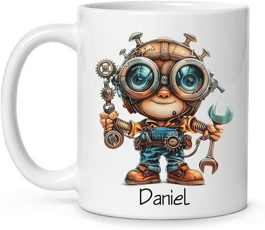 Personalized Tech Enthusiast Coffee Cup 11oz 15oz, Customized Steampunk Character Design Ceramic Mug, Unique Custom Name Mug Gift For Engineer, Kid Cup, Cute Mechanic White Cup