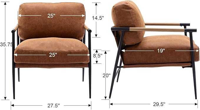 Mid-Century Accent Chair, Soft Armchair PU Leather Lounge Chair with Black Metal Legs, Upholstered Leisure Chair for Living Room Bedroom Reception Room, 1PC, Brown