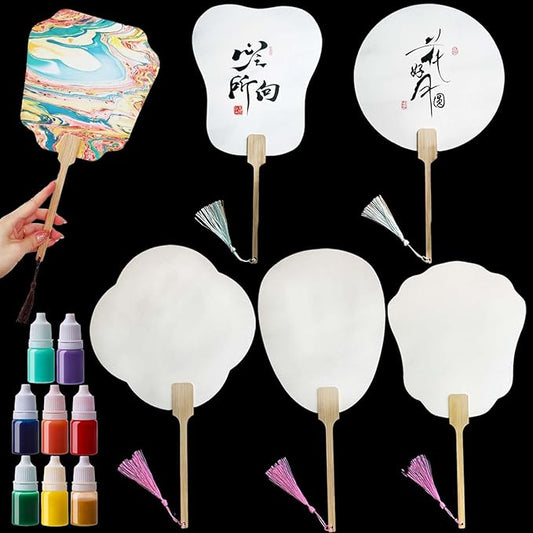 5PCS DIY Handheld Blank Fans Paper Fan can be Painted with 8 Colors Lacquer for Women Asia White Paper Folding Paper Fans to Decor Large Decorative Paiting Fan with Tassel and Bamboo Handle