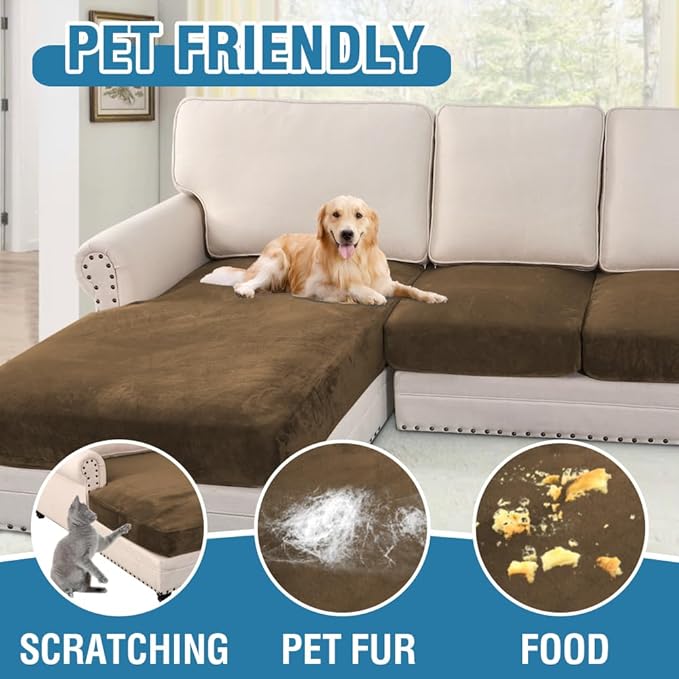 H.VERSAILTEX Velvet Stretch Sectional Couch Covers 3 Pieces Sofa Seat Cushion Covers L Shape Separate Couch Cover for Both Left/Right Sectional Couch (Large Sofa 2 Seater + 1 Chaise, Bronze Brown)