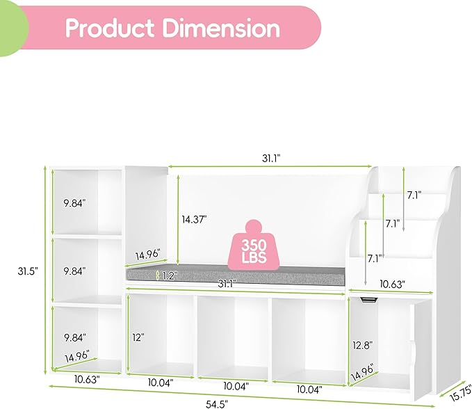MU Kids Bookshelf with Reading Nook, Toddler Bookcase Bench with Seat Cushion and 7 Storage Cubbies, Kids Reading Nook for Boys & Girls, Toy Storage Bench Box for Bedroom, Playroom, Nursery, White