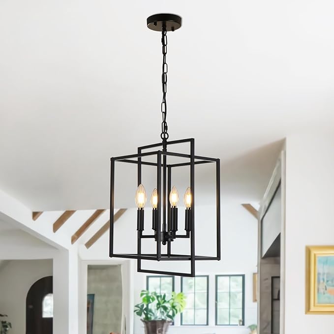 4-Light Vintage Black Chandelier, Foyer Lighting Fixtures Farmhouse Chandeliers for Dining Room, Modern Industrial Lantern Pendant Light for Kitchen Island Entryway Stairway