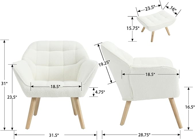 Modern Sherpa Accent Chair with Ottoman, Fluffy Upholstered Lounge Chair with Footrest, Comfy Living Room Side Boucle Armchair for Small Space Bedroom Apartment, White