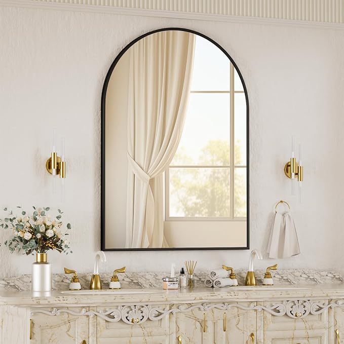 BEAUTYPEAK 30"x40" Arch Bathroom Mirror, Wall Mounted Vanity Metal Frame Mirror for Bedroom, Entryway, Living Room, Black