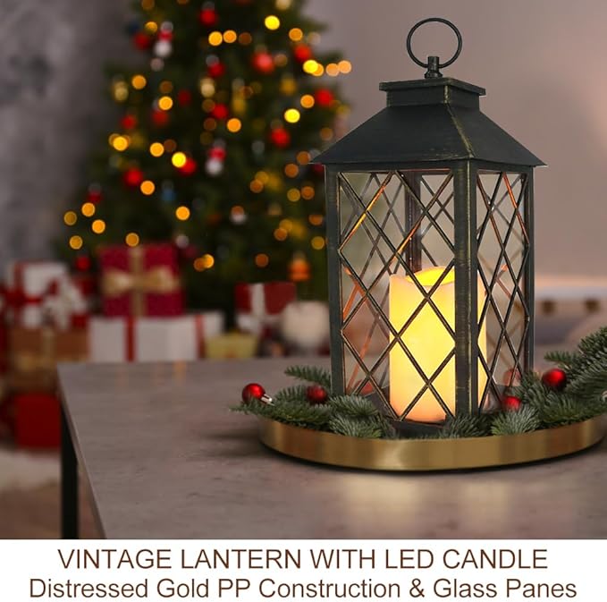 Bright Zeal 2-Pack 13.5" Vintage Candle Lantern with LED Candle (Distressed Gold, 6hr Timer) - IP44 Waterproof Outdoor Hanging Lanterns Battery Powered - Tabletop Lantern Decorative Home Lanterns
