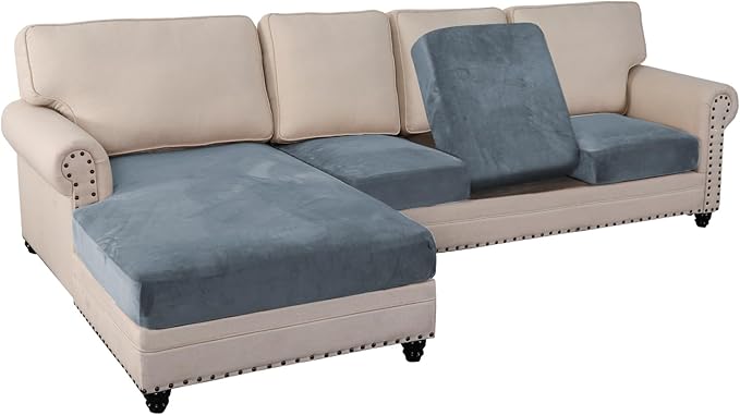 PrinceDeco 4-Piece Sectional Couch Cover Set - Thick Chaise & Couch Cushion Covers with Elastic Band for L-Shape Sofa, 3 Seater + 1 Chaise, Stone Blue
