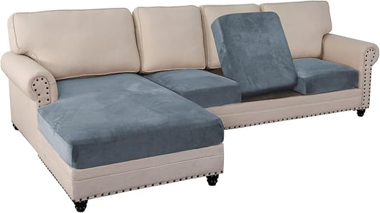 PrinceDeco 4-Piece Sectional Couch Cover Set - Thick Chaise & Couch Cushion Covers with Elastic Band for L-Shape Sofa, 3 Seater + 1 Chaise, Stone Blue