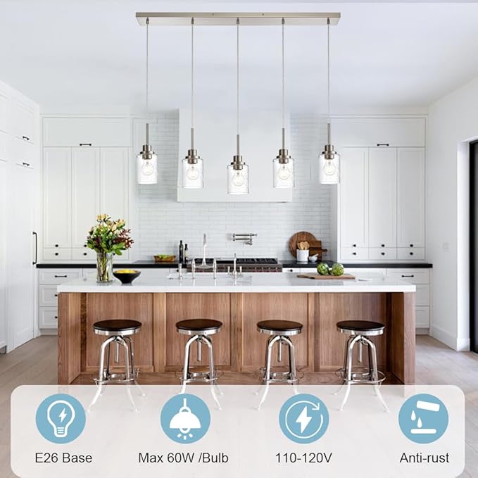 Lighting Contemporary Brushed Nickel Linear Chandelier Pendant Light 5 Lights Clear Seeded Glass Farmhouse Pendant Lighting Modern Dining Room Light Fixture for Living Room Kitchen Island