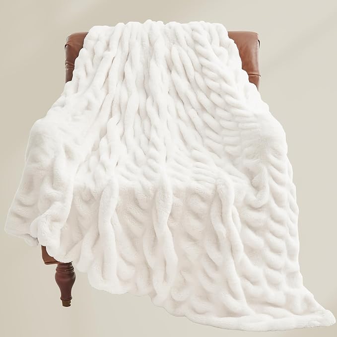 BEDELITE Faux Fur Throw Blanket for Couch, Soft and Cozy Boho Ruched Fluffy Blanket, Warm Plush Fuzzy Faux Rabbit Fur Blanket for Women Gift (Cream, 60"x 80")
