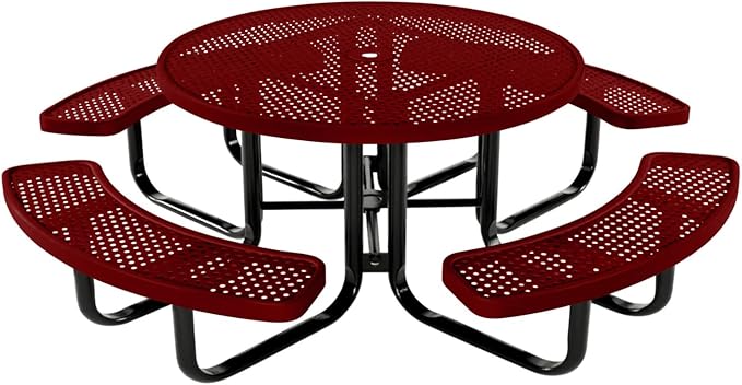 Coated Outdoor Furniture Heavy-Duty Portable Outdoor Kids Table with Umbrella Hole, Punched Steel Kids Picnic Table, Commercial-Grade, Made in America (46 In, Round, Childrens, Textured Burgundy)