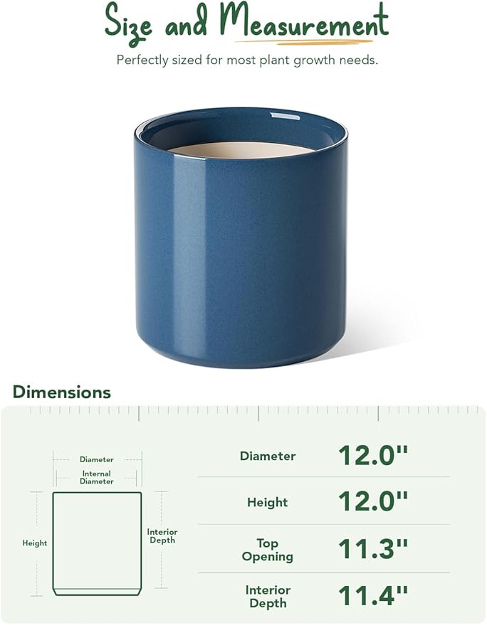LE TAUCI 12 Inch Pots for Plants, Ceramic Large Plant Pot for Indoor Plants, Mid-Century Modern Flower Planter Pots with Drainage Hole and Removable Plug, Round Planter Pot, Reactive Glaze Blue