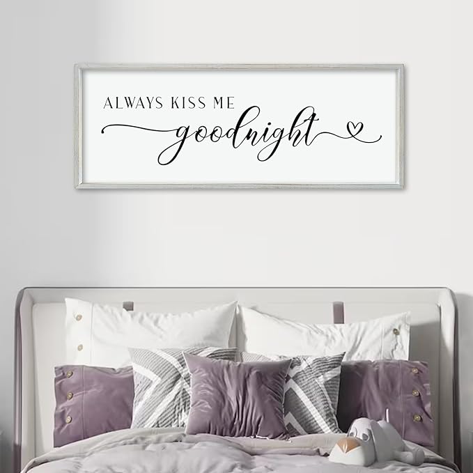 comurdyo Always Kiss Me Goodnight Sign for Bedroom Above bed Wall Decor 40''×15'' Large Wood Frame For Couples Over Bed Hanging Wall Art (White)