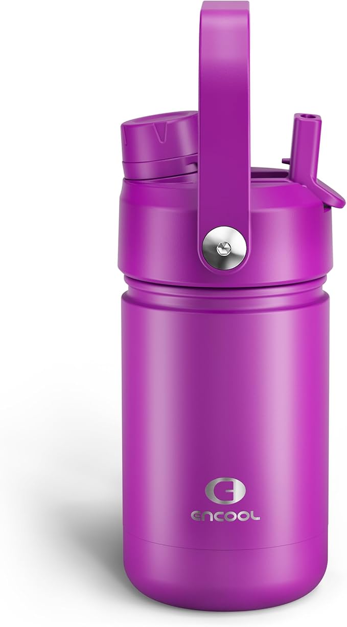 Kids Insualated Water Bottle with Straw - 12oz Stainless Steel Water Bottle with Dual Spouts, Leak-Proof, BPA-Free, Double Wall Vacuum Keeps Cold for 24 Hours for Sports, Travel (Bright Magenta)