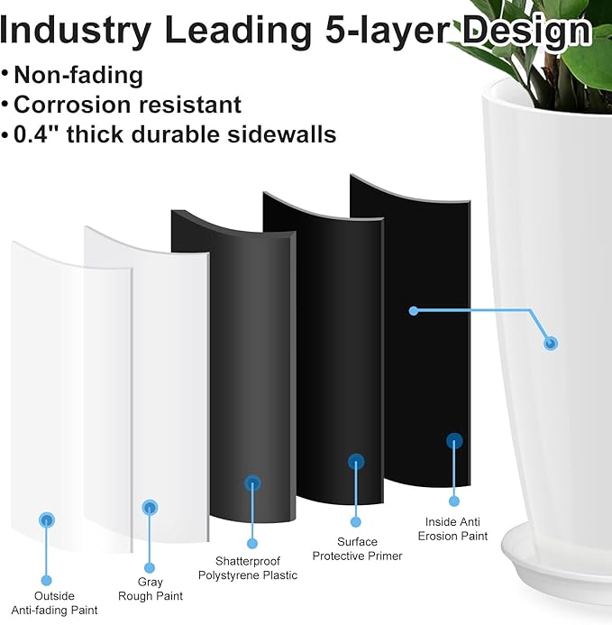 Tall Flower Pot Indoor - Outdoor Plant Pot - White Glossy Planter - Elegant Ceramics Imitation - 12" Diameter 21" Tall with Drainage Holes and Saucer