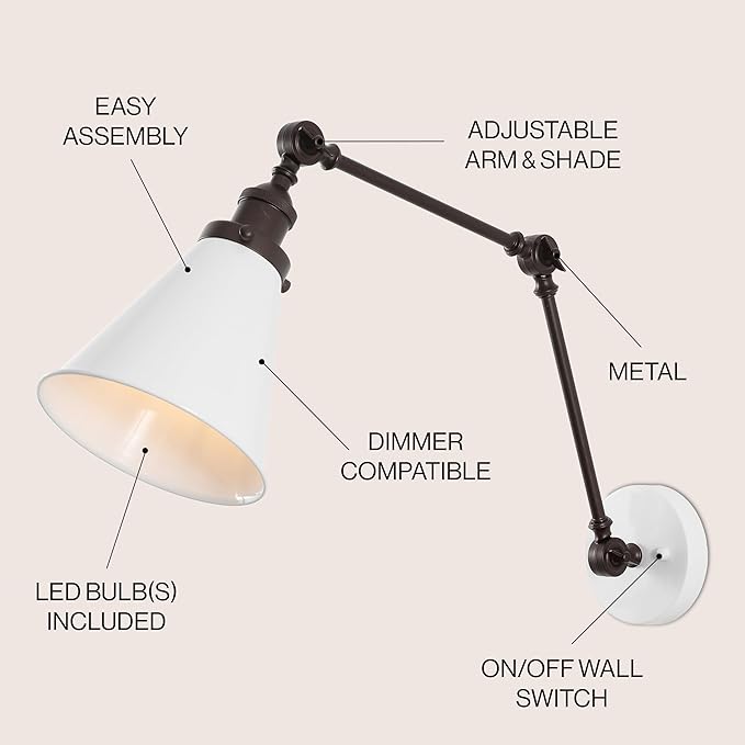 JONATHAN Y JYL7462C Rover 7" Classic Industrial Metal Adjustable Arm LED Wall Sconce, White/Oil Rubbed Bronze for Bedroom, Bathroom, Vanity