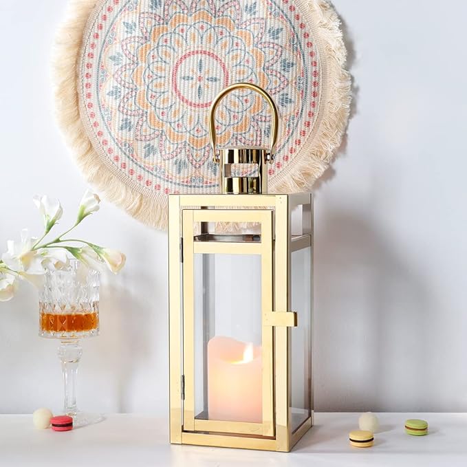 TRIROCKS Stainless Steel Decorative Lantern 12'' High Metal Candle Holder Outdoor Candle Lantern with Tempered Panels for Christmas Home Decor Living Room Parties Events Tabletop Indoor Outdoor (Gold)