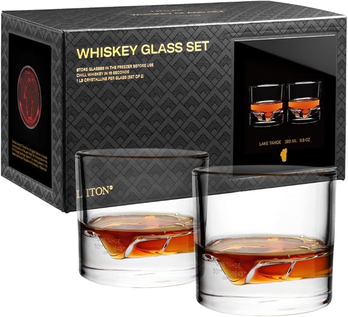 Lake Tahoe Heavy Crystal Whiskey Glasses Gift Set of 2, Thick Freezable Bourbon Glass 1lb Each, Premium Whiskey Gifts for Men, Frozen Crystal Chills Cocktails, 10 oz