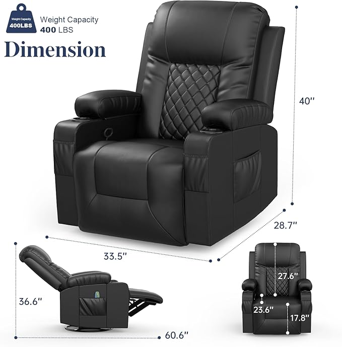 Recliner Chairs for Adults, FSC Certified Massage Rocker with Heated Modern Ergonomic Lounge 360 Degree Swivel Single Sofa Seat Living Room Lounge Recliners Black
