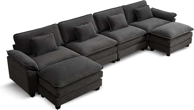 URRED Modular Sectional Sofa Comfy Cloud Couch, Modern Velvet Sofa Sleeper Deep Seat Couches with Ottoman/Pillows for Living Room (Dark Gray, 154'' - U Shape)