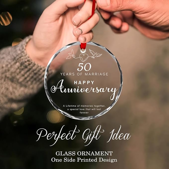 50th Wedding Anniversary Glass Ornament – Elegant Clear Glass Christmas Tree Decoration & Golden Anniversary Keepsake Gift for Parents, Grandparents, or Couples Celebrating 50 Years