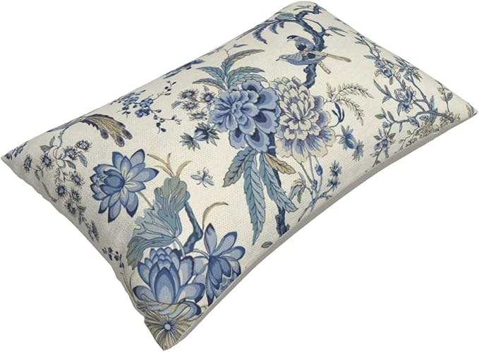 CXMEIFLY Spring Floral Birds Pillow Covers 12 x 20 Inch Set of 2 for Chinoiserie Flowers Decor Throw Pillows Blue and White Plant Outdoor Decorative Cushion Cases for Couch Bed Decorations