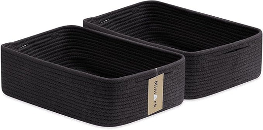 Large Shallow Organizing Baskets 15x11x5.1 Inches - Rope Woven Storage Bins for Bathroom, Shelves, Cube Closet, Black 2 Packs