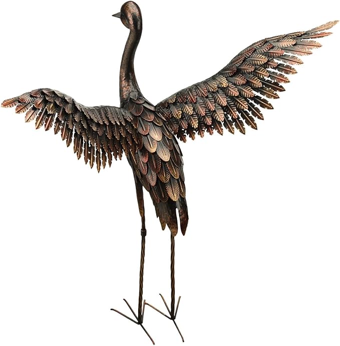 Regal Art & Gift Outdoor Garden Décor, Unique Bird Sculpture, Rustic Metal Bird Statues, Garden Ornaments, Bird Figurine for Lawn, Decorative Sculpture, Crane, Multi, Wings Up, 44" Height