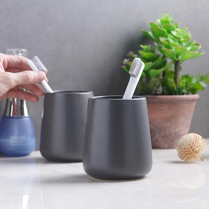 Grey Toothbrush Holder for Bathroom - Ceramic Tooth Brushing Holders, Toothpaste Holder, Reusable Toothbrush Mouthwash Cup, Space-Saving Design for Bathroom Countertop
