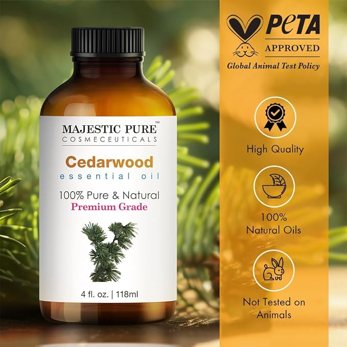 Majestic Pure Cedarwood Essential Oil with Glass Dropper - Huge 4 Fl Oz - 100% Pure and Natural Cedarwood Oil - Premium Grade Essential Oils for Diffuser, Aromatherapy, Soap and Candle Making