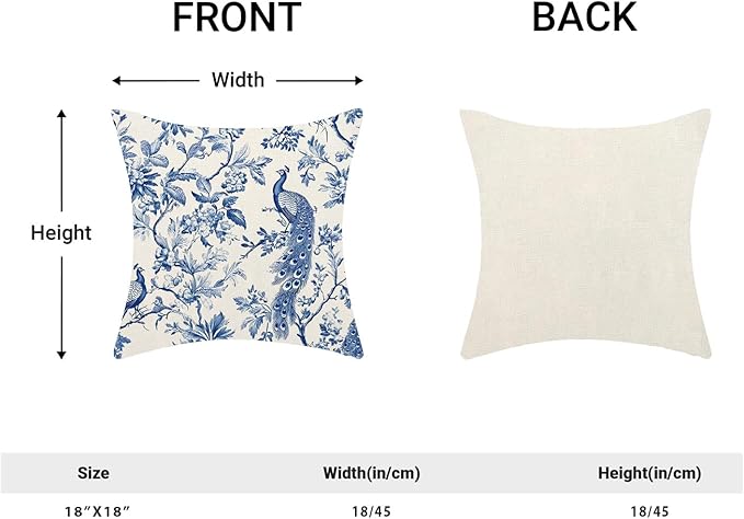 Navy Blue Spring Floral Pillow Covers 18 x 18 Inch Set of 2 for Chinoiserie Flowers Bird Decor Throw Pillows Vintage Plant Farmhouse Outdoor Decorative Cushion Cases for Couch Bed Decorations