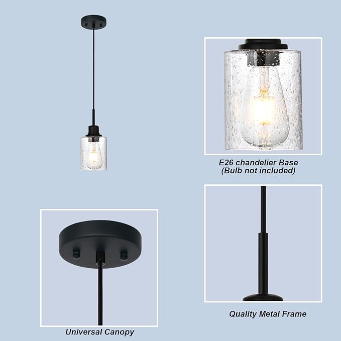 Modern Farmhouse Mini Chandeliers 3 Pack Black Pendant Lights Kitchen Island with Seeded Glass, Dining Room Lighting Fixtures Hanging Ceiling for Sink Bar Hallway Porch Corridor Bedroom