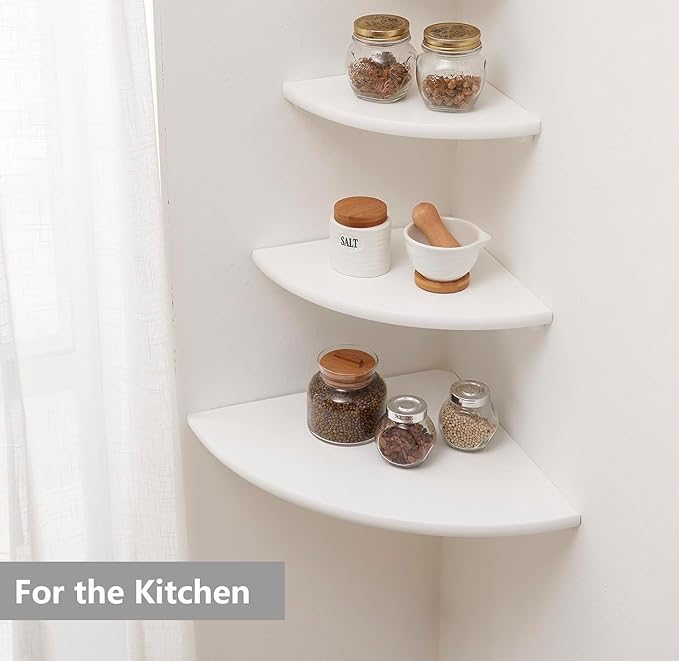 Corner Shelf, Solid Oak Wood Floating Corner Shelf Wall Mount Round End Floating Speaker with Wire Hole for Small Plant Photo for Bedroom Kitchen, Living Room White