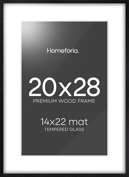 Homeforia 20x28 Black Wood Frame, High End Oak 20x28 Wooden Picture Frames with Mat 14x22 Photo, 20 x 28 Poster Frame Matted to 14 by 22 Print, 28x20 Hanging Frames, Tempered Glass, Wall Kit, Set of 1