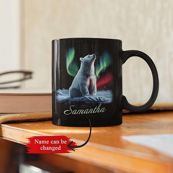 Custom Enchanted Arctic Landscape Design Cup, Customized Name Coffee Mug 11oz 15oz, Personalized Polar Bear And Northern Lights Ceramic Cup, Cute Polar Bear Black Mug, Gift For Her