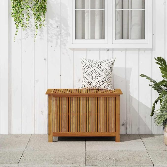 vidaXL Wooden Deck Box - Outdoor Teak Storage Chest, Ideal for Patio Furniture Cushions, Pool Accessories, Garden Tools - Water-Resistant Bag Inside - 35.4''x19.7''x22.8'', Solid Acacia Wood