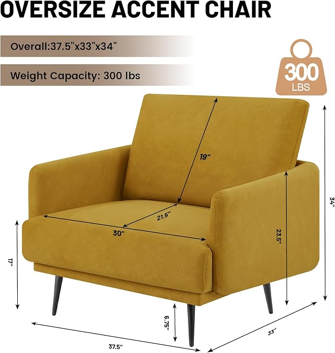 Oversized Accent Chair for Living Room Chairs Reading Arm Chair Comfy Modern Single Sofa Side Chairs with Metal Legs & Soft Cushion for Bedroom, Balcony,Waiting Room (Amber Yellow-1pcs)