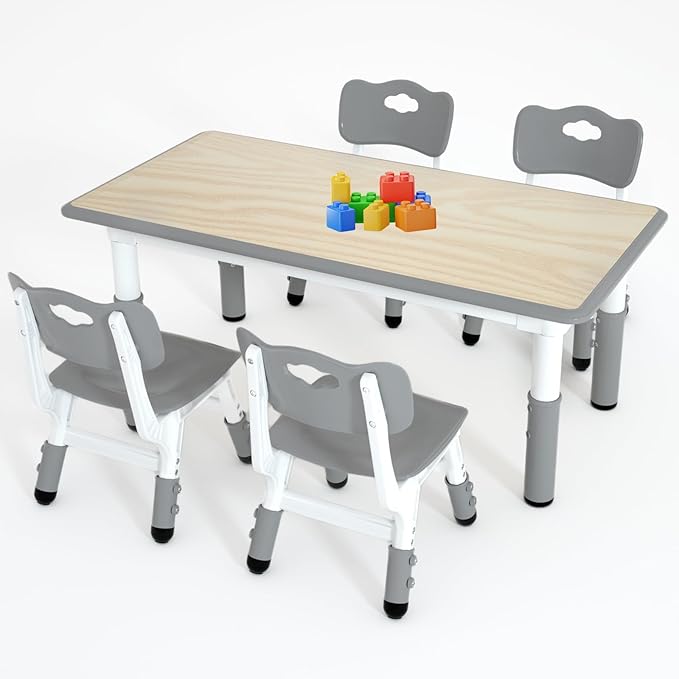 Kids Study Table and 4 Chairs Set,Height Adjustable Table and Chairs for Children and Toddlers,47.2"X23.6"Graffiti Desktop,Suitable for Daycare,Classrooms, Home