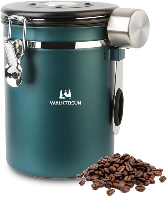 Coffee Canister Airtight Storage Container Stainless Steel Air Tight Coffee Jar with Scoop, Date Tracker CO2 Release Valve for Dry Food, Beans, Ground, Tea, Flour, Cereal and Sugar (Green)