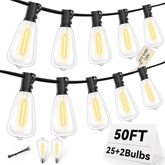 ST38 50FT LED Outdoor String Lights with 25+2 Spare Bulbs, E12 Socket, 2700K Warm White-for Backyard, Wedding, Camping, Porch, Deck, Gazebo, Bistro Decor
