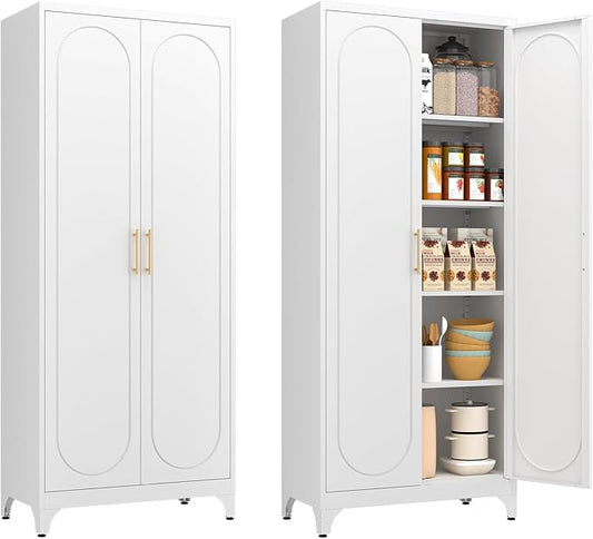 Metal Storage Cabinet with Doors and Shelves, 75 Inch Tall Kitchen Pantry Cabinet, Pantry Cabinets for Kitchen Storage, Freestanding Cupboard for Living, Dining Room, White, Assembly Required